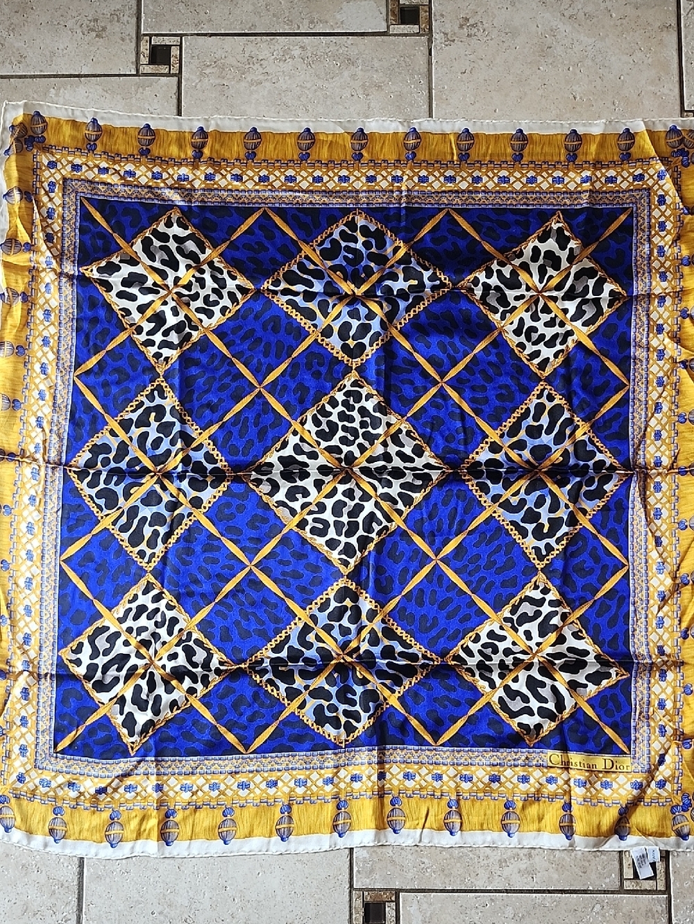 Vtg Christian Dior Blue & Gold Leopard Print Baroque Silk Scarf